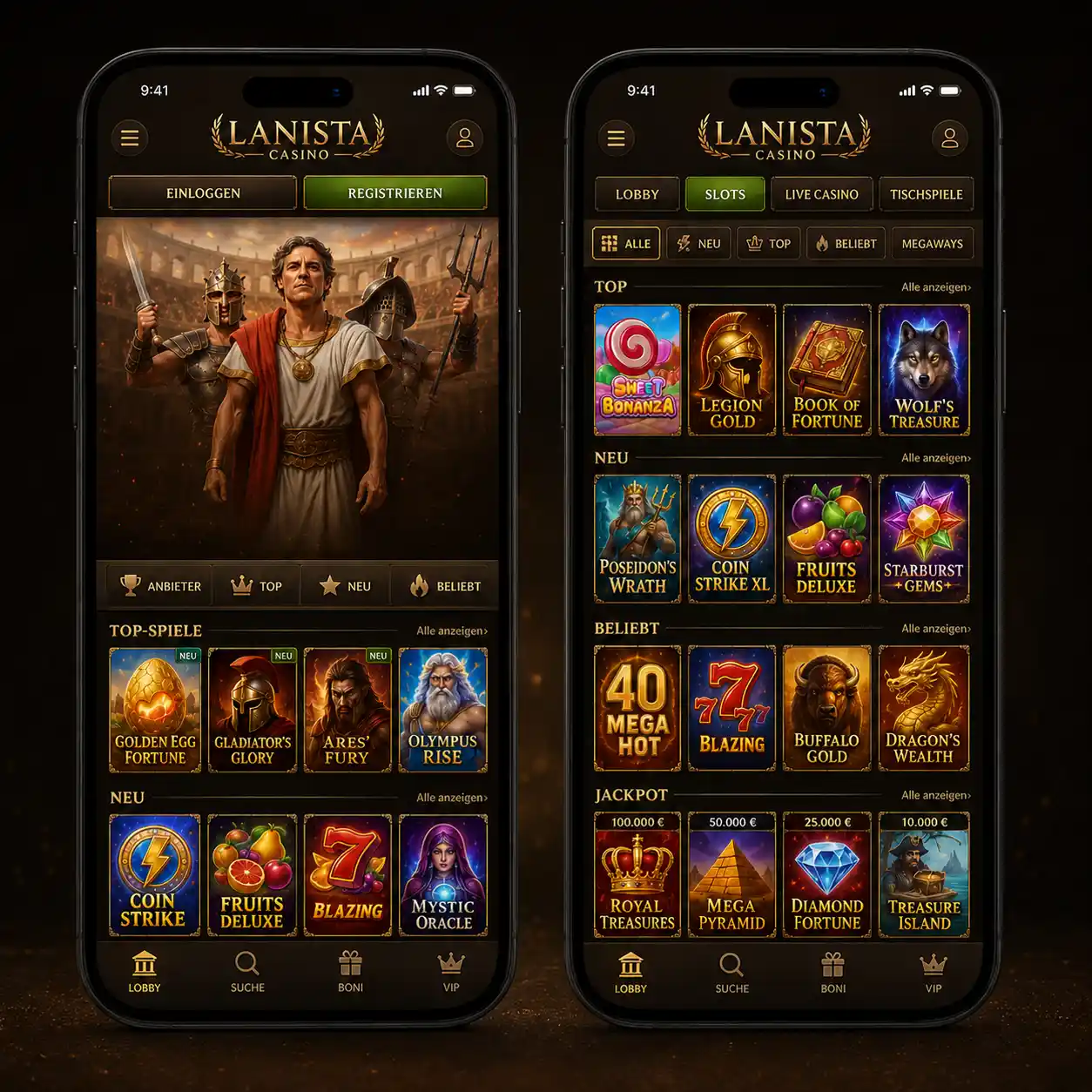 Lanista Casino Mobile Version — Spielangebot mit 11.000+ Titeln auf Android und iOS